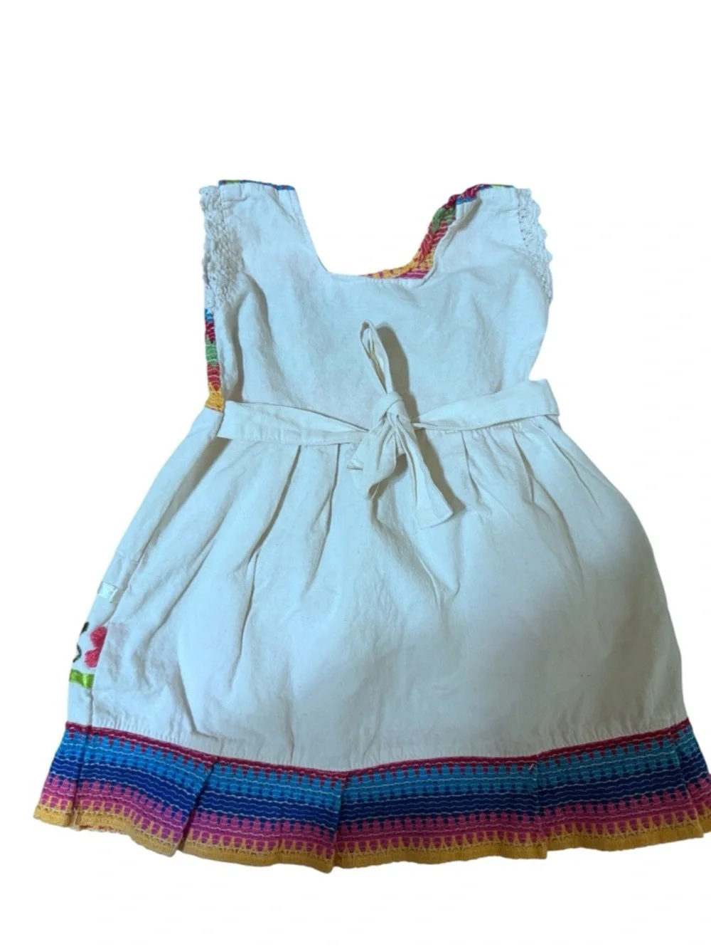 White Dress with Rainbow Trim & Floral Embroidery - Kids Casual Dress